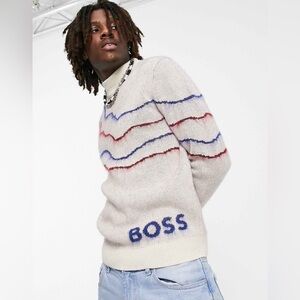 BOSS Intarsia Knit Mock Neck Linen Mohair Sweater Neutral Size L